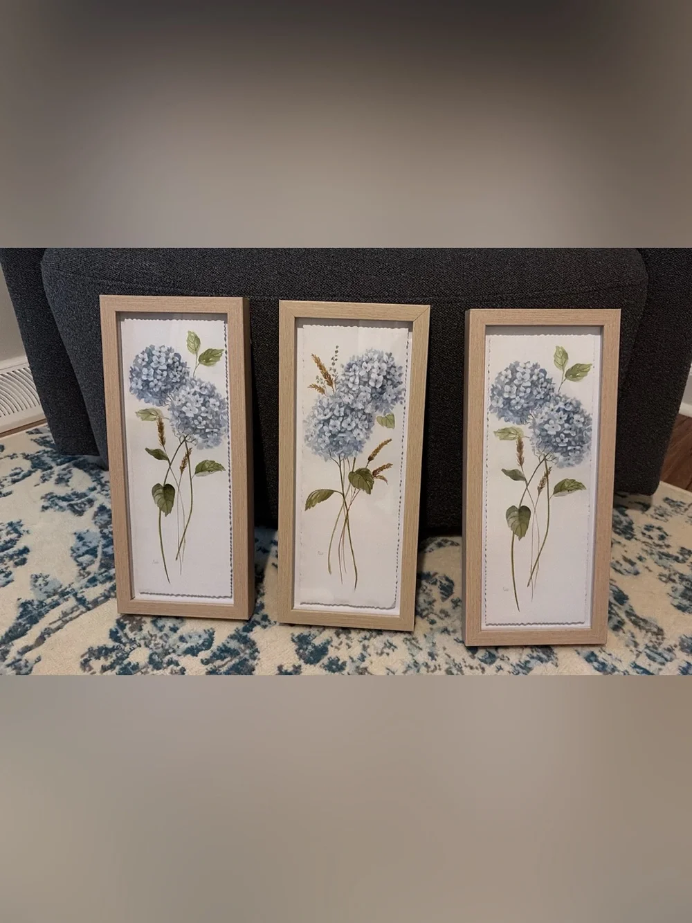 Set of 3 Blue Hydrangea Framed Prints in Natural Wood